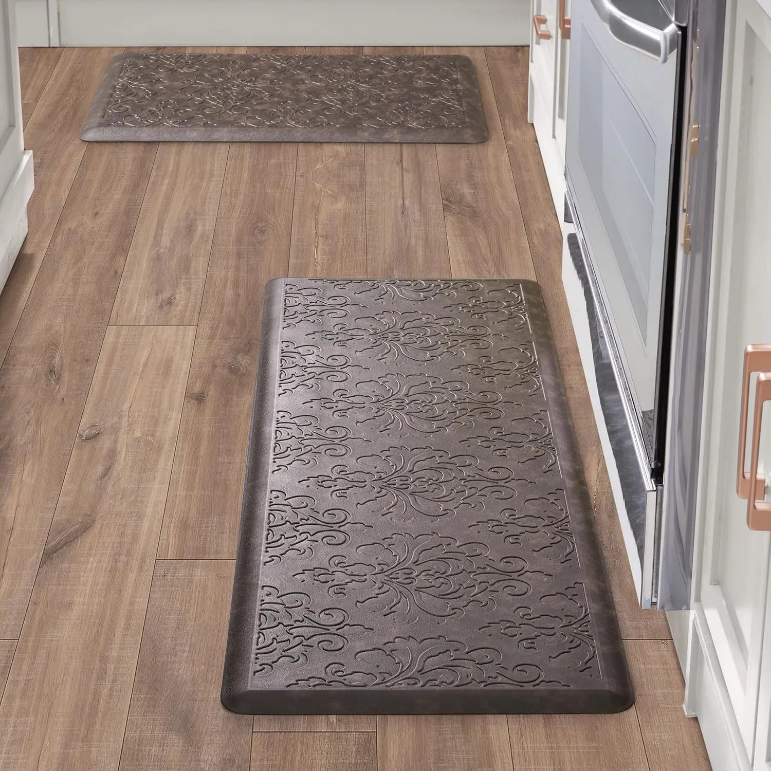 Chef Gear - Anti-Fatigue Gelness Kitchen Mat - Marni Design - Cushioned Comfort Chef Mat - Faux Leather - Cooking & Standing Relief - Set of 2-17.5"x48" & 17.5"x28" - Mocha