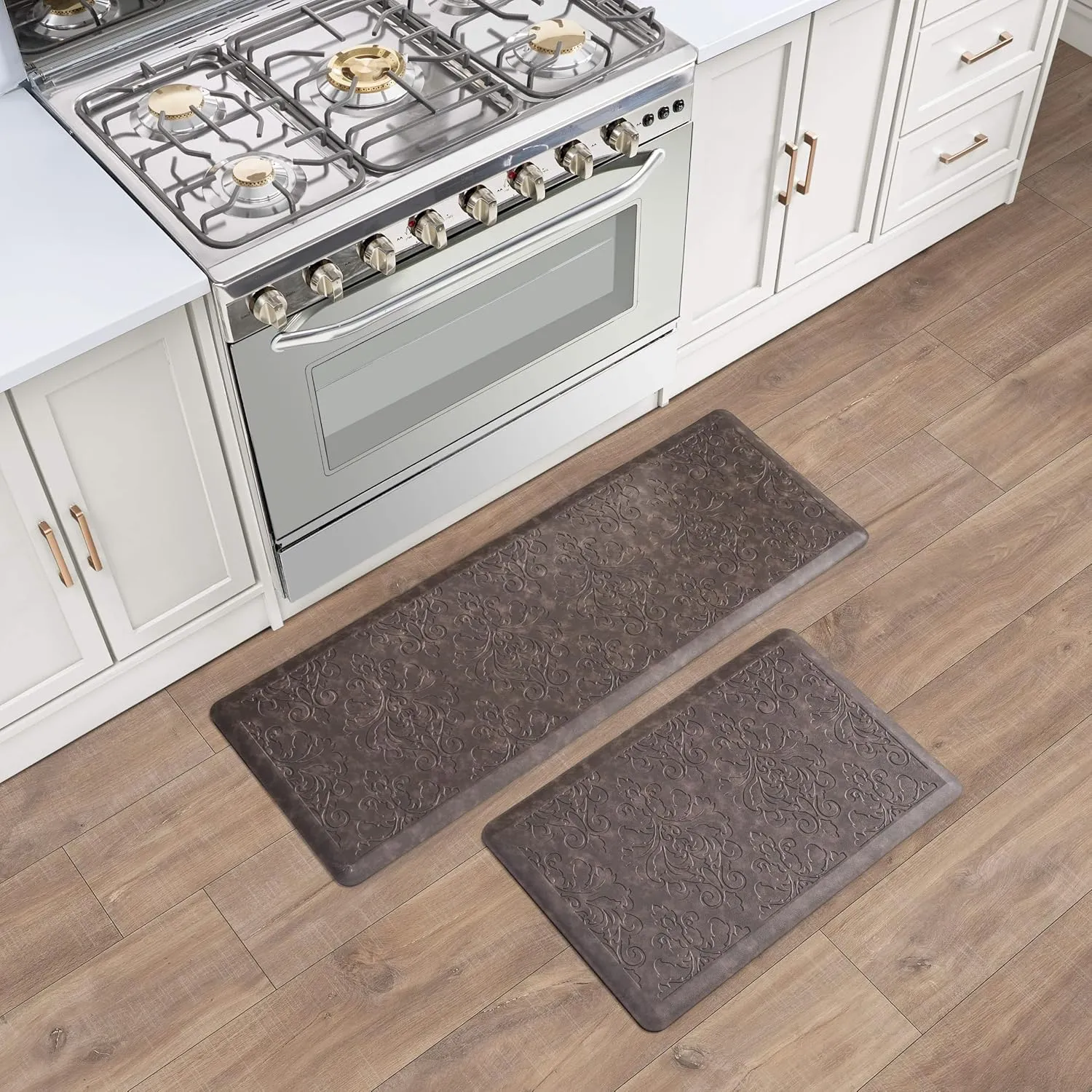 Chef Gear - Anti-Fatigue Gelness Kitchen Mat - Marni Design - Cushioned Comfort Chef Mat - Faux Leather - Cooking & Standing Relief - Set of 2-17.5"x48" & 17.5"x28" - Mocha