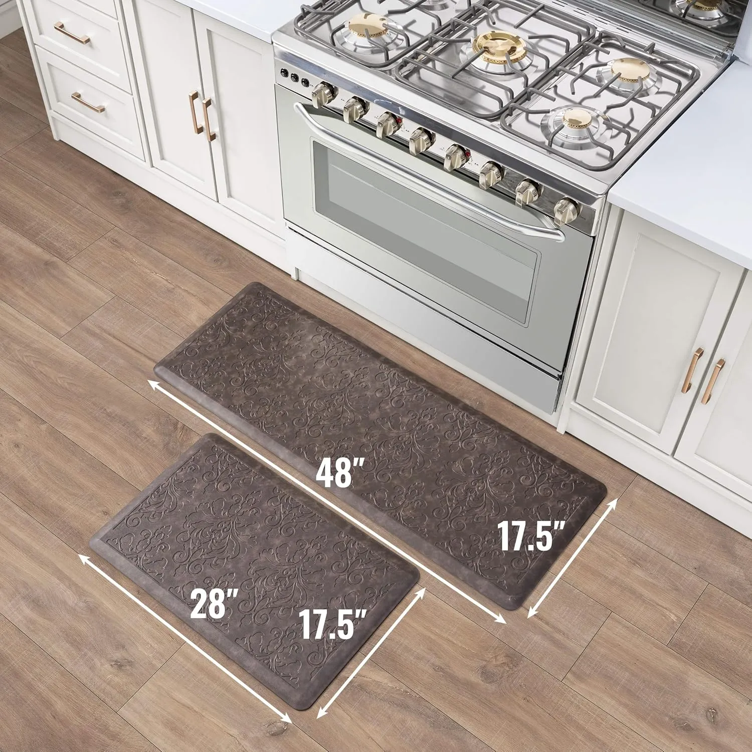 Chef Gear - Anti-Fatigue Gelness Kitchen Mat - Marni Design - Cushioned Comfort Chef Mat - Faux Leather - Cooking & Standing Relief - Set of 2-17.5"x48" & 17.5"x28" - Mocha
