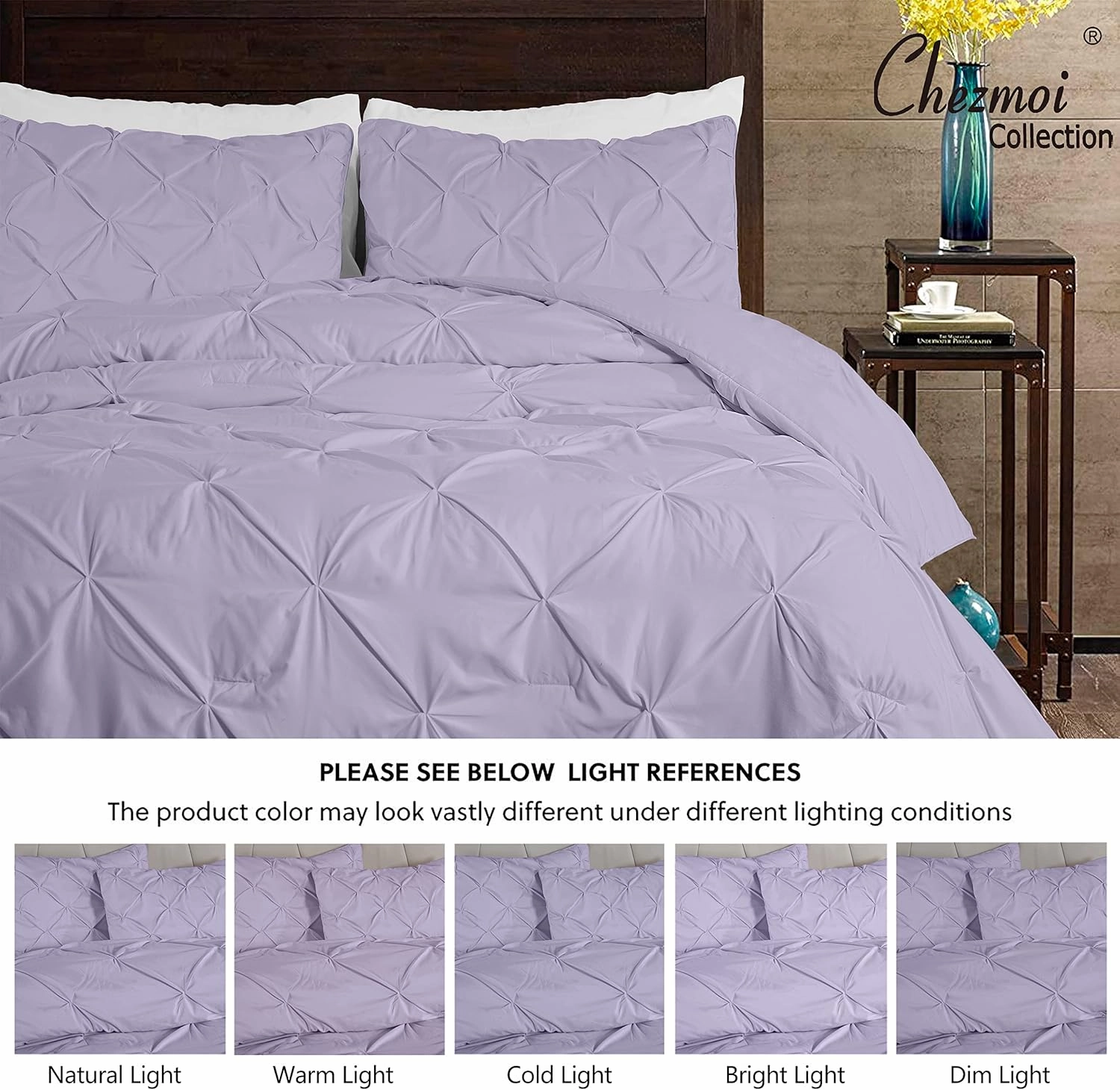 Chezmoi Collection Berlin Lavender Pinch Pleat Full Comforter Set, 3-Piece (Comforter and Pillow Shams) - Soft Pintuck, Lightweight All Season Microfiber