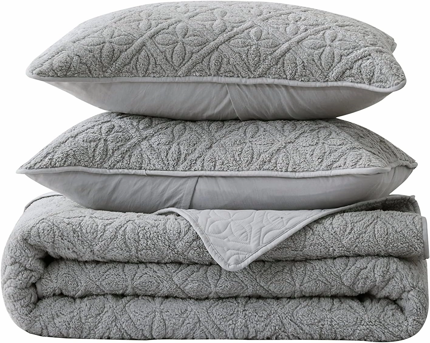 Chezmoi Collection Bethany 3-Piece Queen Sherpa Quilt Set - Floral Quilted Sherpa Blanket Reversible Washed Microfiber Lightweight Bedspread - Queen Size, Gray