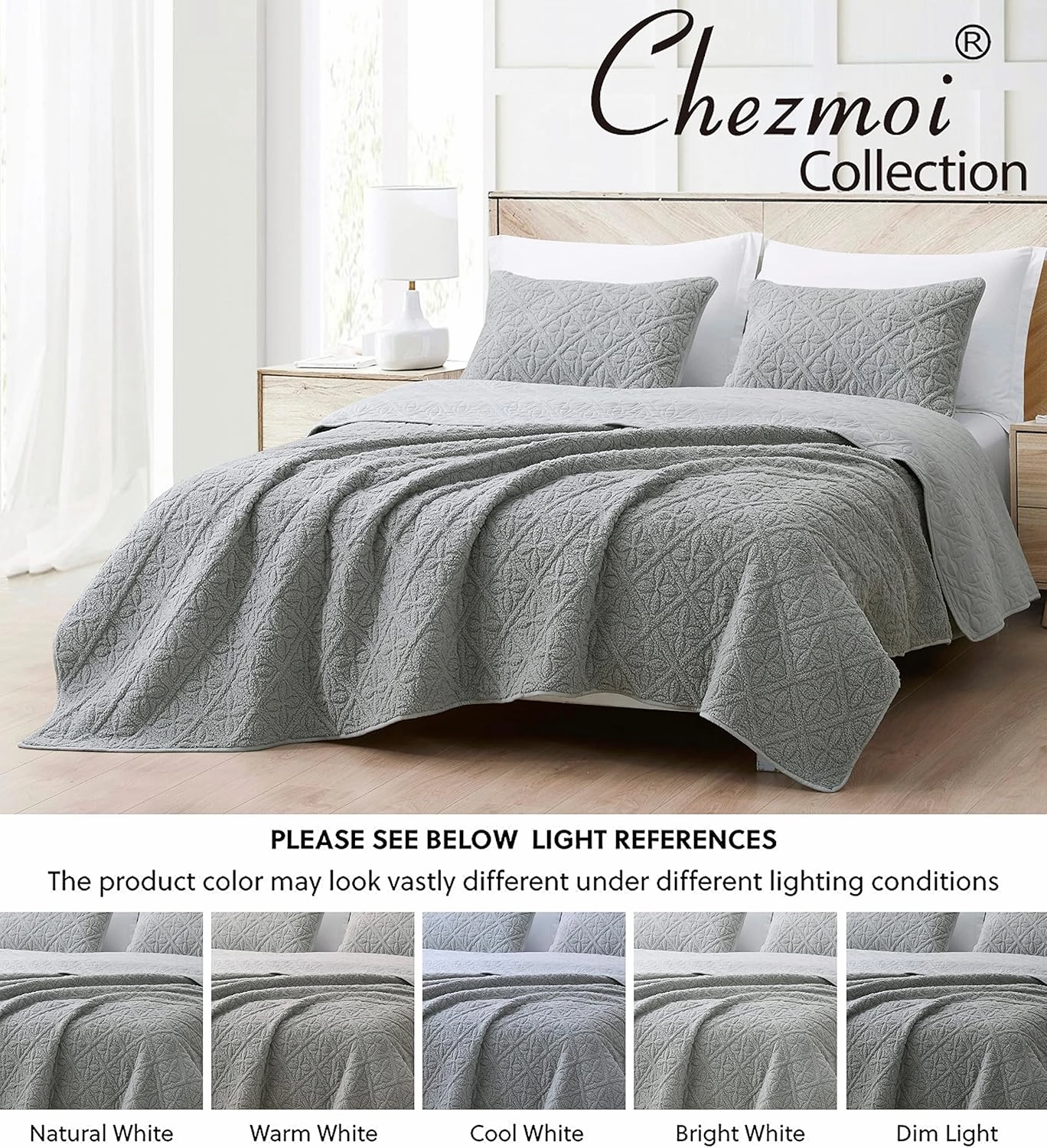 Chezmoi Collection Bethany 3-Piece Queen Sherpa Quilt Set - Floral Quilted Sherpa Blanket Reversible Washed Microfiber Lightweight Bedspread - Queen Size, Gray