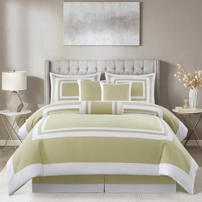 Chezmoi Collection Caprice 7-Piece Hotel Style Comforter Set - Tan/White Square Pattern Modern Color Block Bedding with Decorative Pillows - Luxurious Lightweight All Season Bed Set, Queen