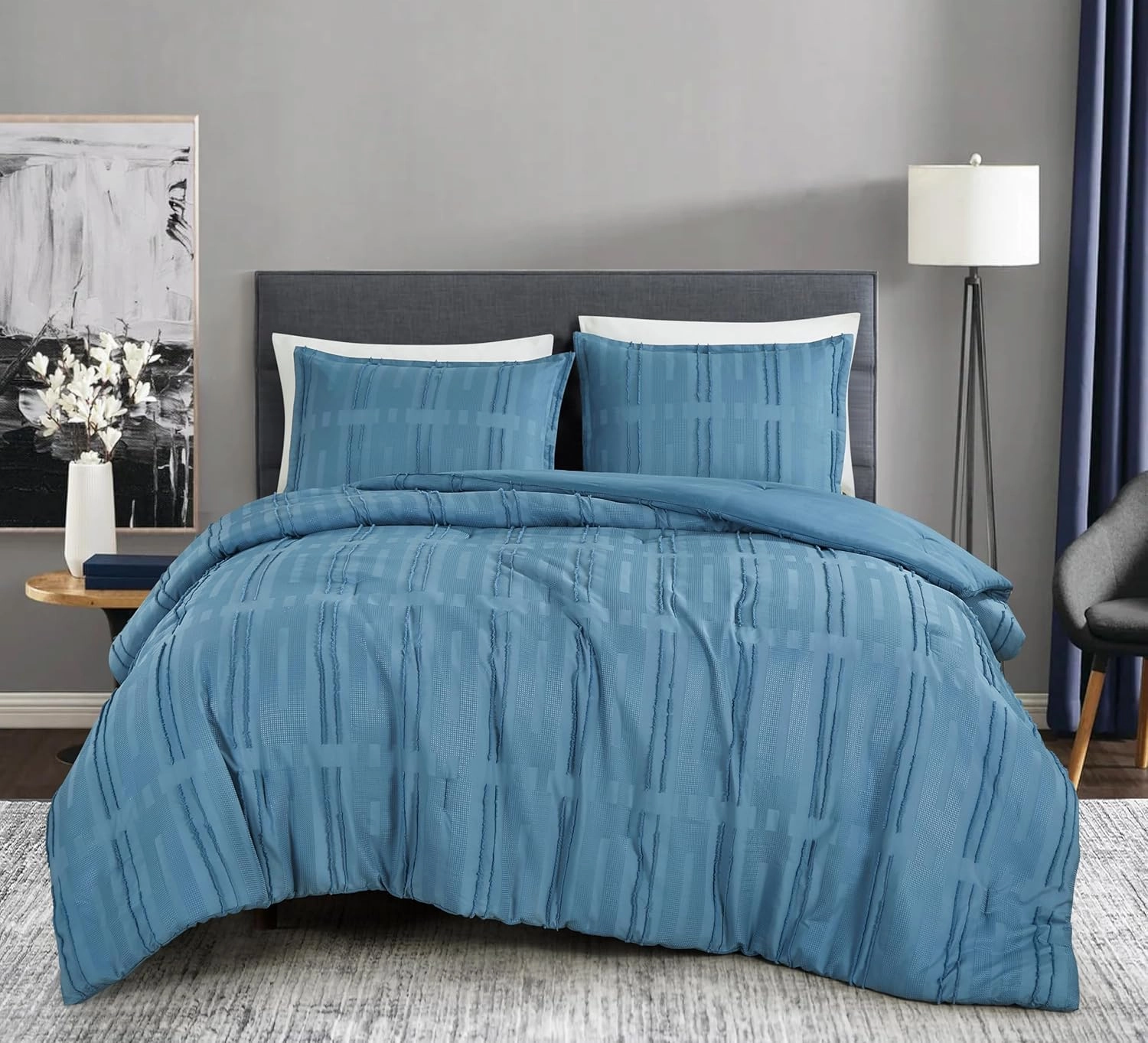 Chezmoi Collection Carter Blue Clip Jacquard Geometric Comforter Set, King - 3-Piece Striped Pattern Waffle Textured Lightweight Bedding