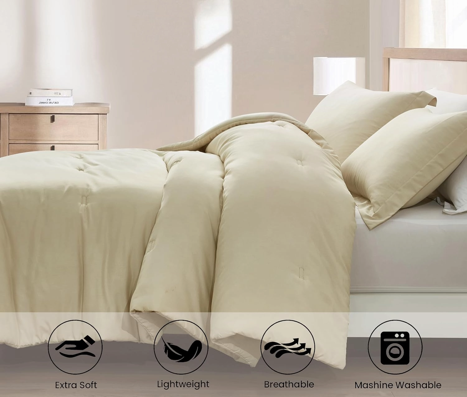 Chezmoi Collection Cliff 3-Piece Lightweight Cooling Comforter Set, Oversized King - Rayon Derived from Bamboo & Polyester Blended, Soft Breathable Bedding for Hot Sleepers, Sand