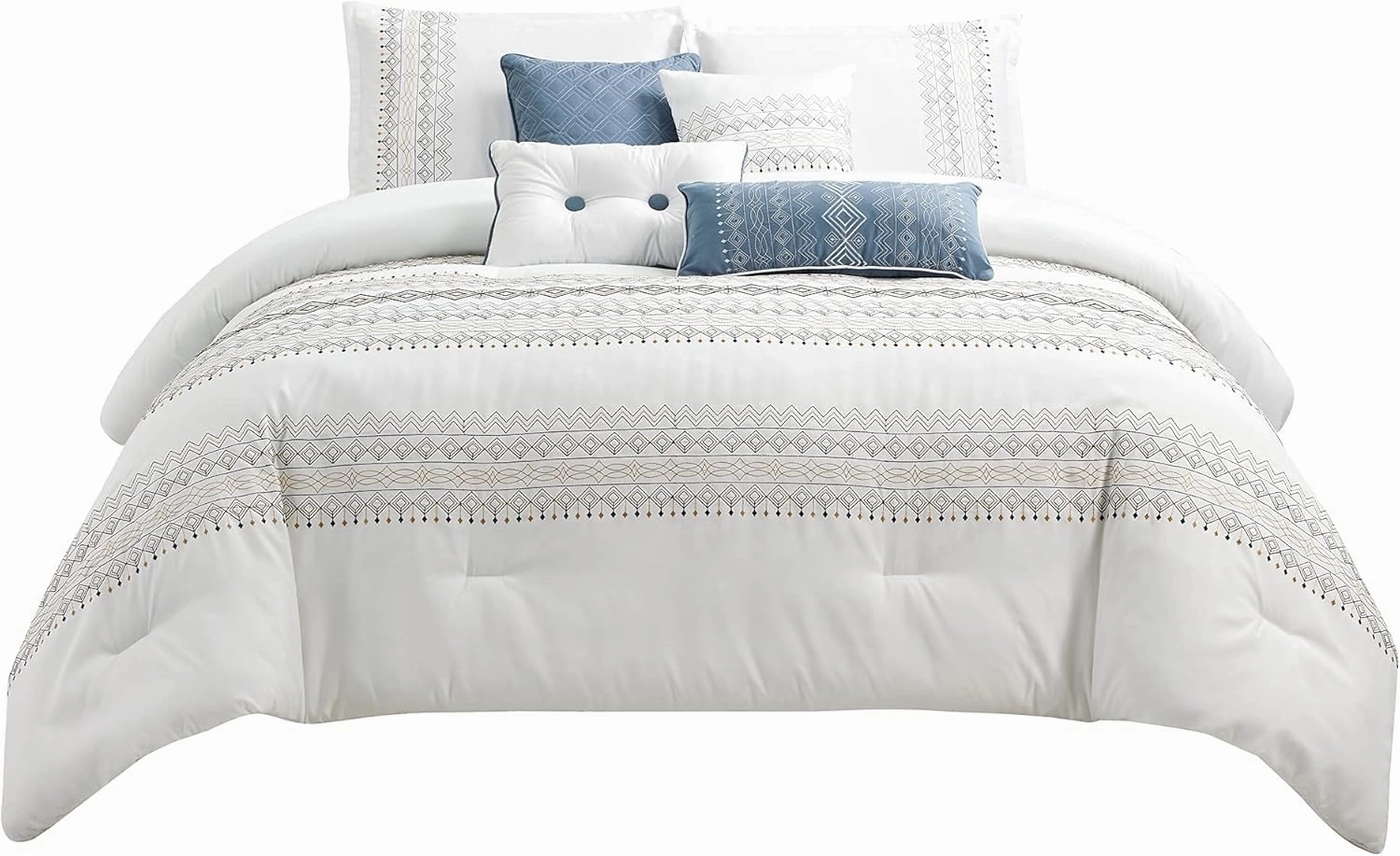 Chezmoi Collection Hart 7-Piece Southwestern Boho Comforter Set Queen Size - White/Navy/Blue/Gold Geometric Embroidery Lightweight Bedding Set for All Season