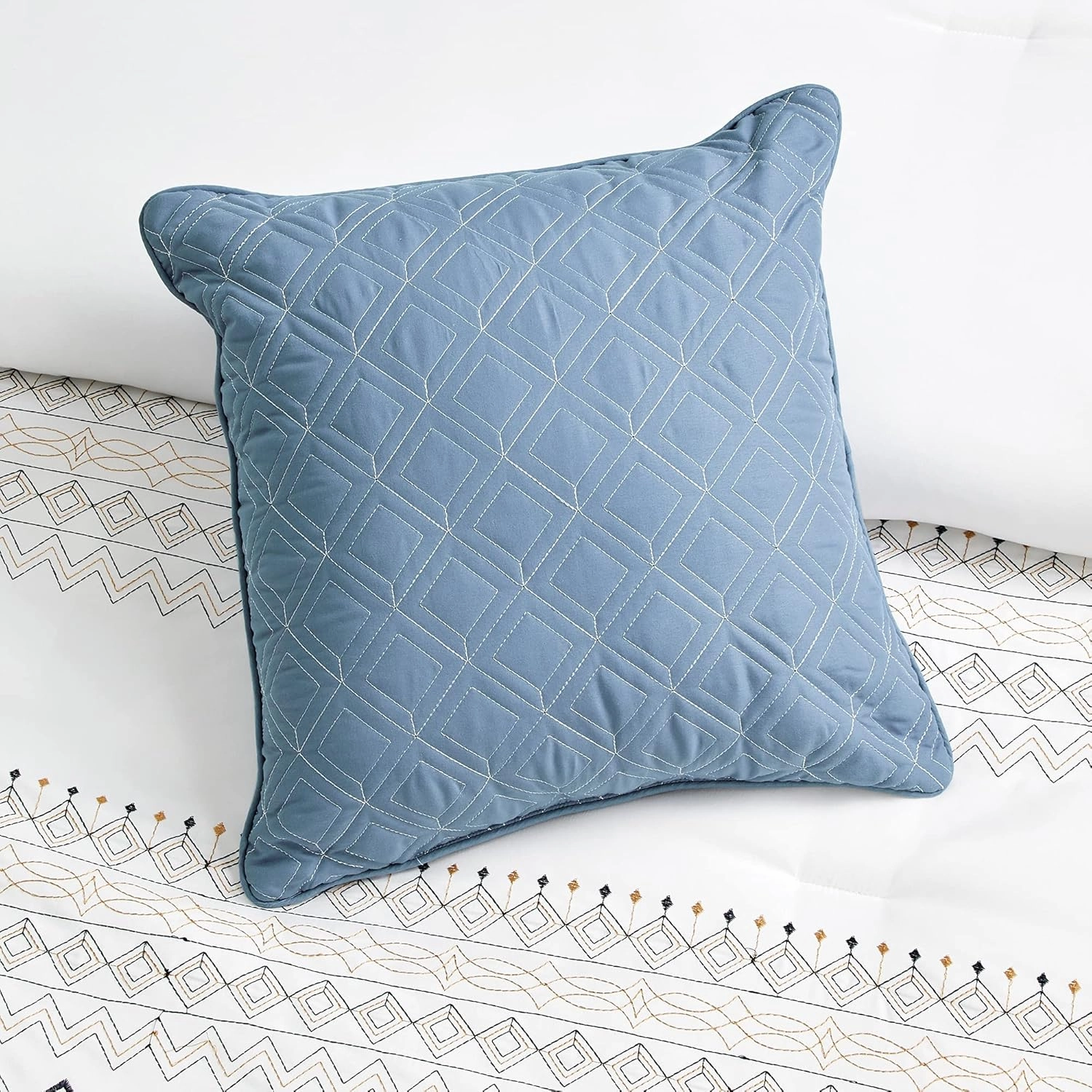 Chezmoi Collection Hart 7-Piece Southwestern Boho Comforter Set Queen Size - White/Navy/Blue/Gold Geometric Embroidery Lightweight Bedding Set for All Season