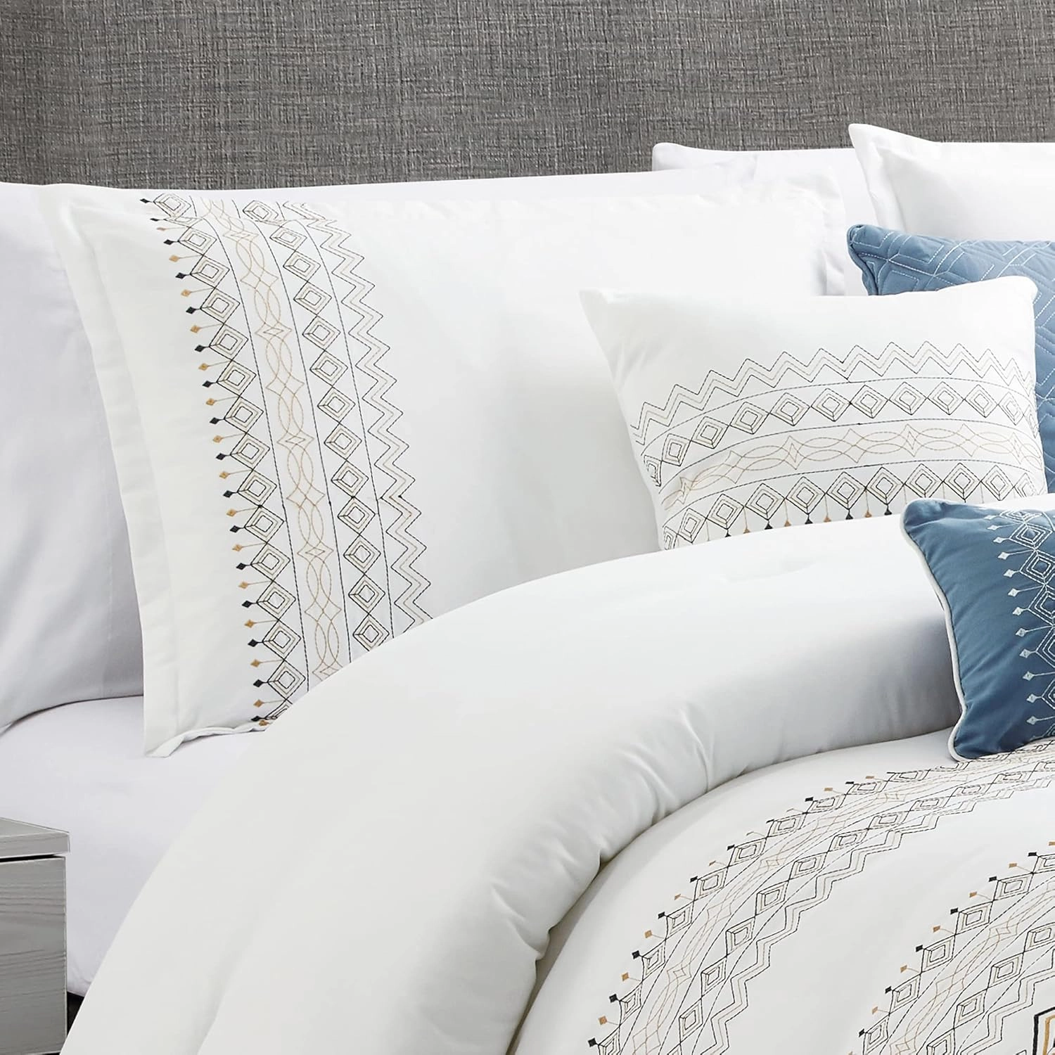 Chezmoi Collection Hart 7-Piece Southwestern Boho Comforter Set Queen Size - White/Navy/Blue/Gold Geometric Embroidery Lightweight Bedding Set for All Season