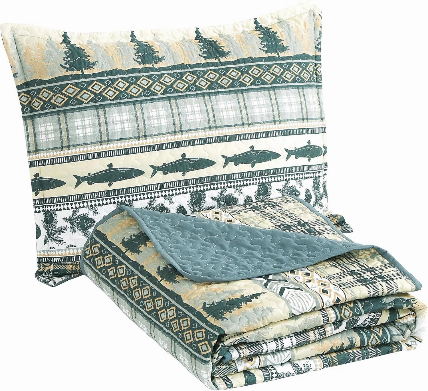 Chezmoi Collection Lake 3-Piece Lodge Quilt Set Queen - Multicolor Pine Tree Fish Deer Explorer Mountain Printed Microfiber Lightweight Bedspread Set for All Season