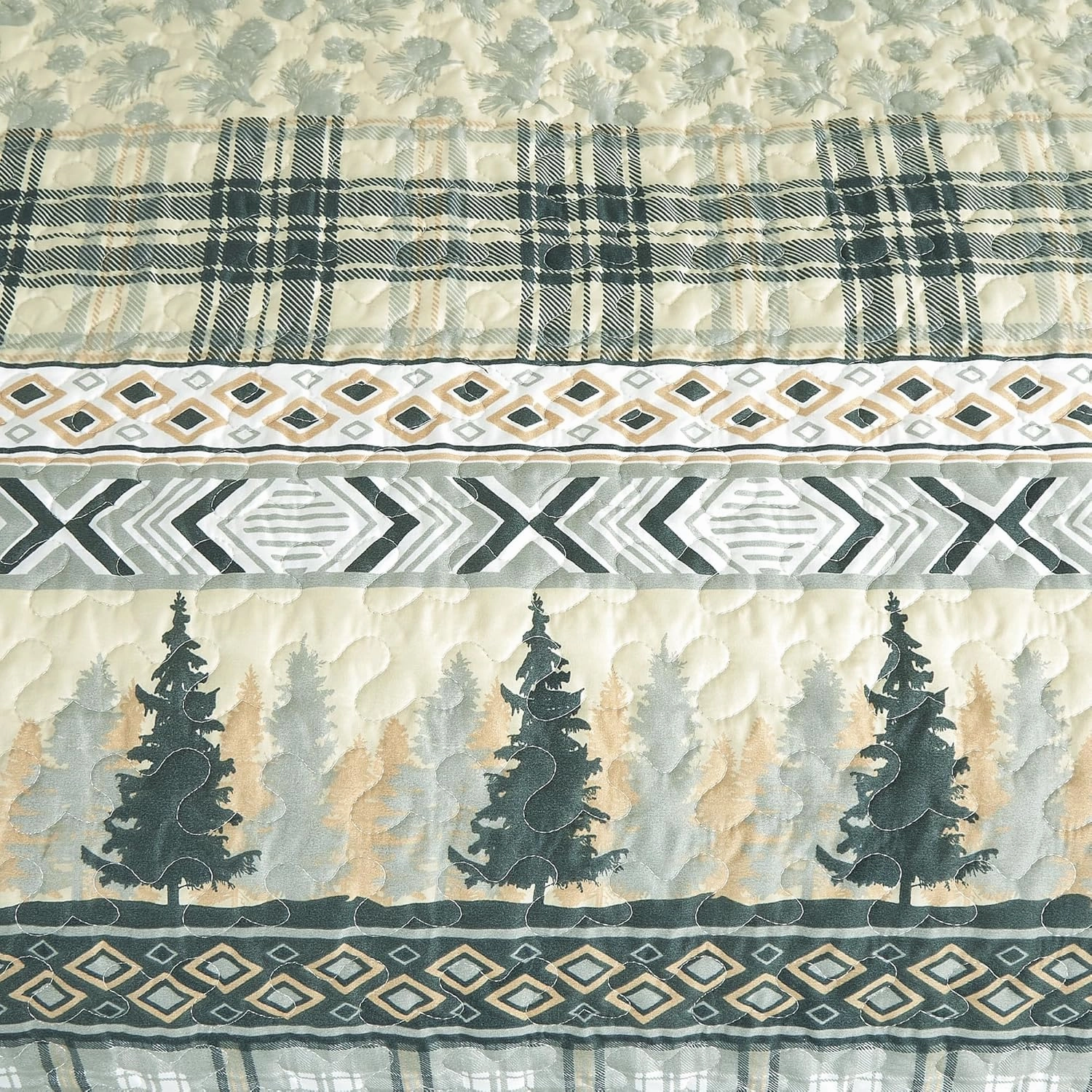 Chezmoi Collection Lake 3-Piece Lodge Quilt Set Queen - Multicolor Pine Tree Fish Deer Explorer Mountain Printed Microfiber Lightweight Bedspread Set for All Season