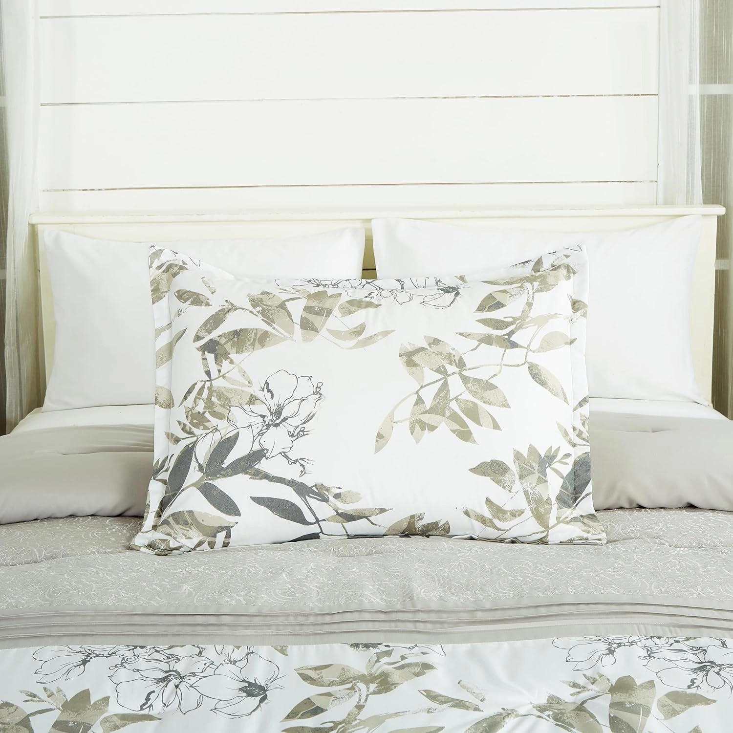 Chezmoi Collection Lily 7-Piece Floral Botanical Comforter Set King - Floral Embroidery Multicolor Taupe-Green Gray White Botanical Leaves Printed Microfiber Lightweight Bedding Set