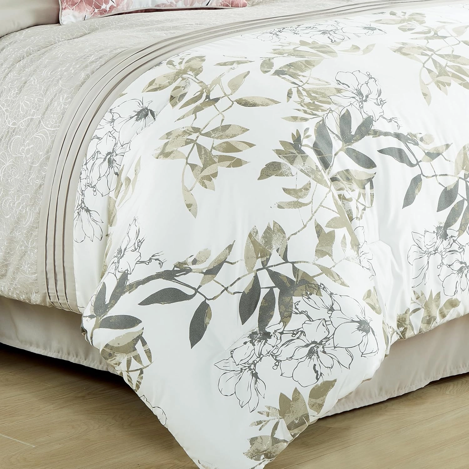 Chezmoi Collection Lily 7-Piece Floral Botanical Comforter Set King - Floral Embroidery Multicolor Taupe-Green Gray White Botanical Leaves Printed Microfiber Lightweight Bedding Set