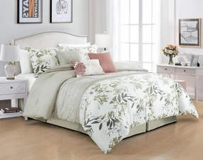 Chezmoi Collection Lily 7-Piece Floral Botanical Comforter Set King - Floral Embroidery Multicolor Taupe-Green Gray White Botanical Leaves Printed Microfiber Lightweight Bedding Set