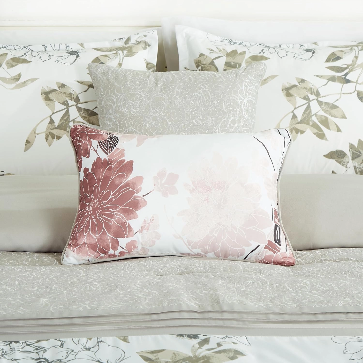 Chezmoi Collection Lily 7-Piece Floral Botanical Comforter Set King - Floral Embroidery Multicolor Taupe-Green Gray White Botanical Leaves Printed Microfiber Lightweight Bedding Set