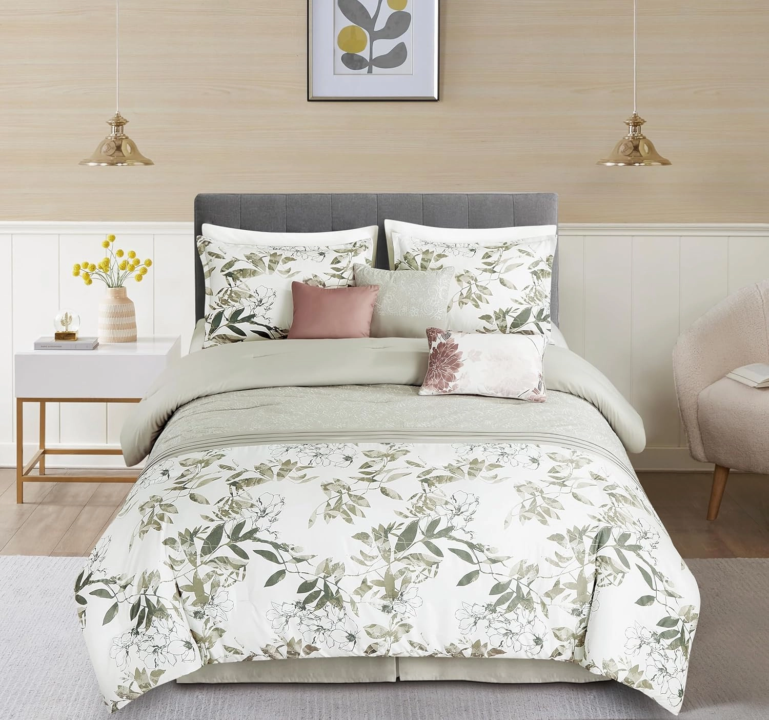 Chezmoi Collection Lily 7-Piece Floral Botanical Comforter Set King - Floral Embroidery Multicolor Taupe-Green Gray White Botanical Leaves Printed Microfiber Lightweight Bedding Set