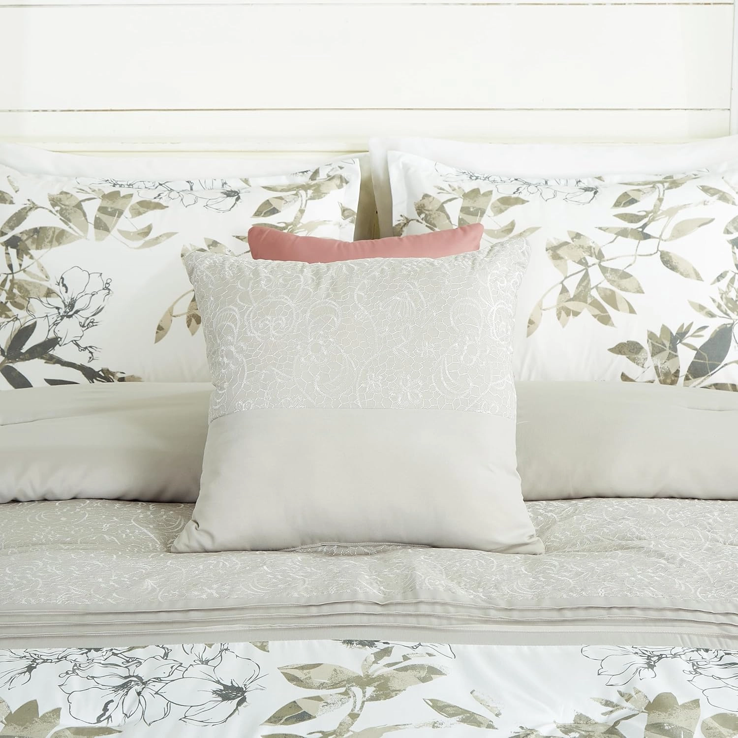 Chezmoi Collection Lily 7-Piece Floral Botanical Comforter Set King - Floral Embroidery Multicolor Taupe-Green Gray White Botanical Leaves Printed Microfiber Lightweight Bedding Set