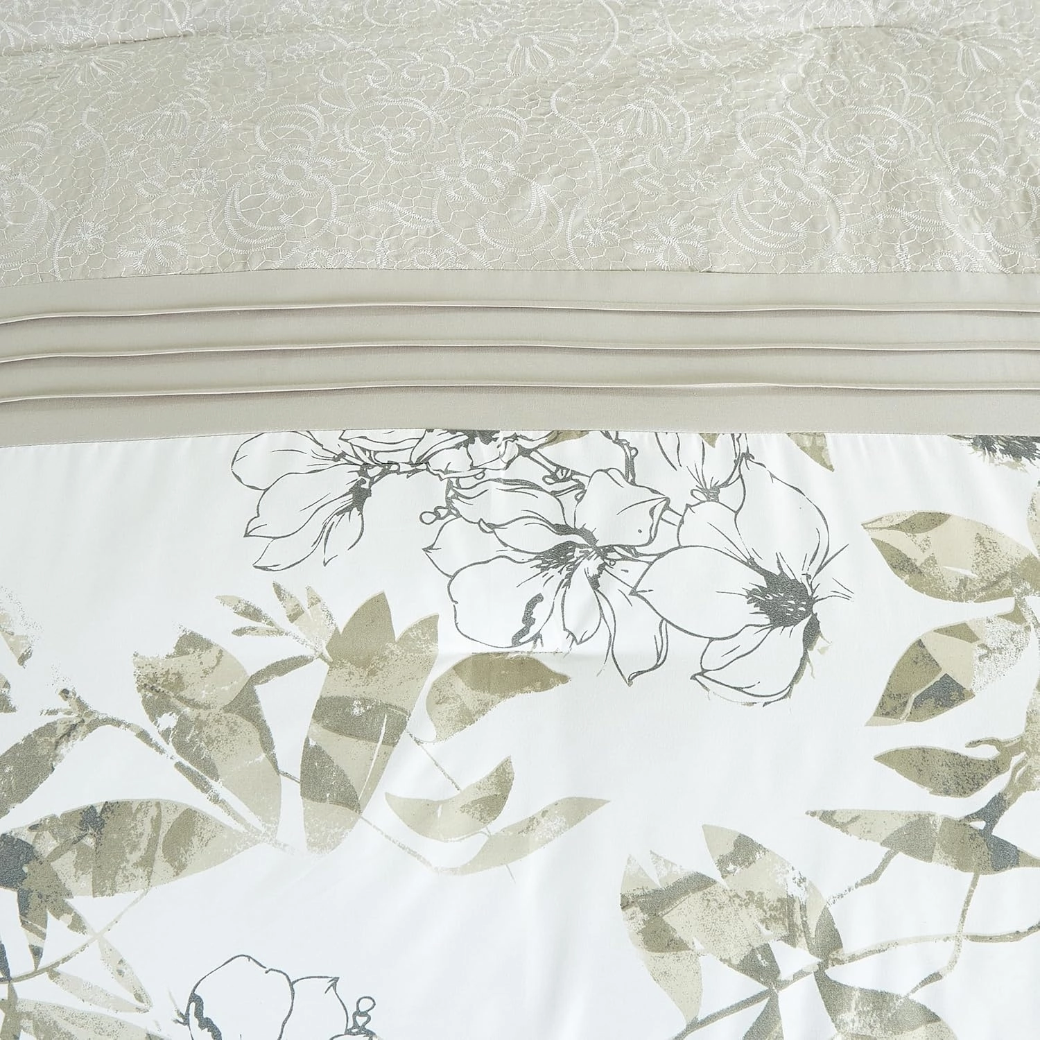 Chezmoi Collection Lily 7-Piece Floral Botanical Comforter Set King - Floral Embroidery Multicolor Taupe-Green Gray White Botanical Leaves Printed Microfiber Lightweight Bedding Set