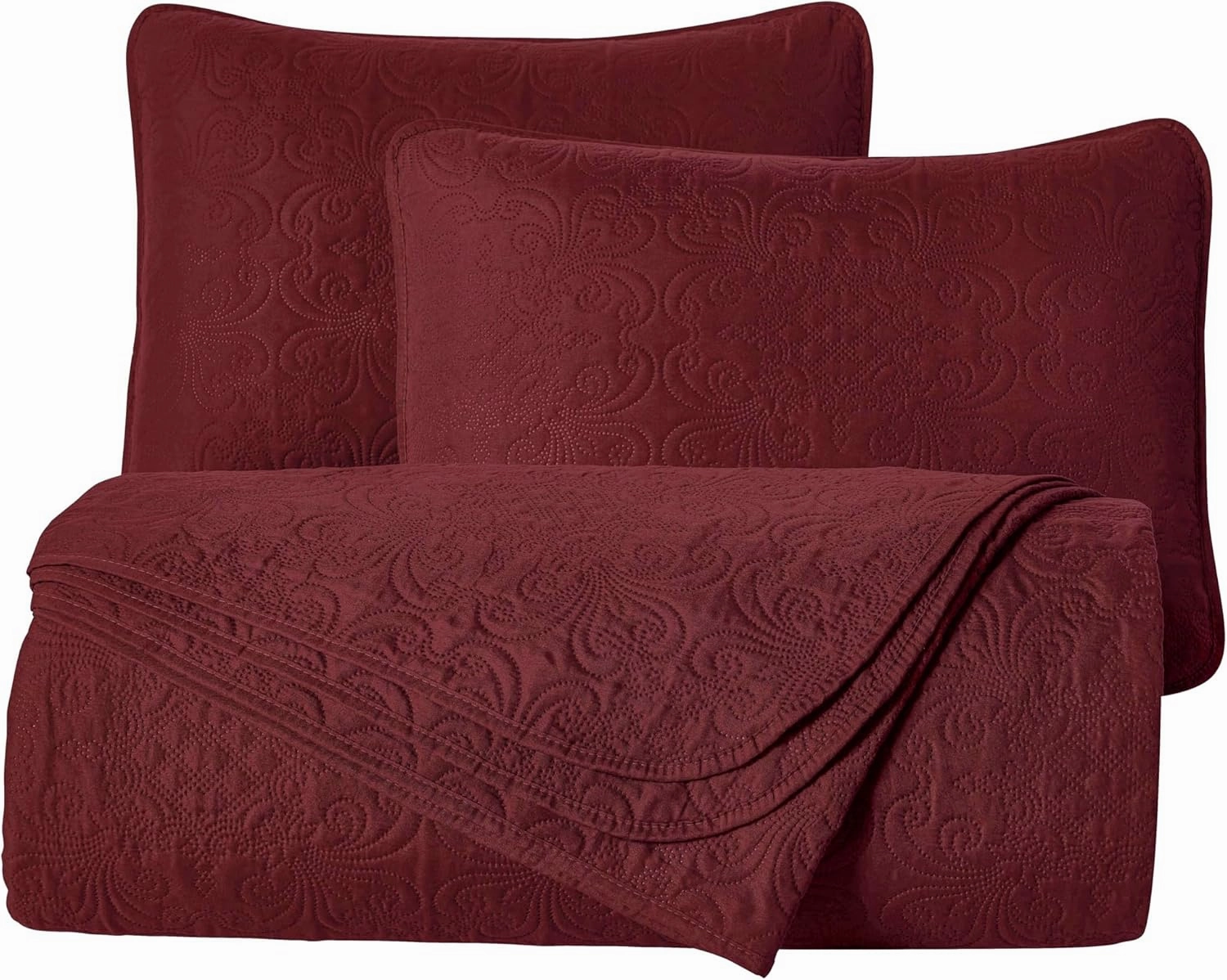 Chezmoi Collection Luca 3-Piece Oversized Bedspread Set, King Size, Burgundy - Summer Quilt Lightweight Microfiber Bedspread 118 x 106 - Floral Medallion Pattern Coverlet for All Season
