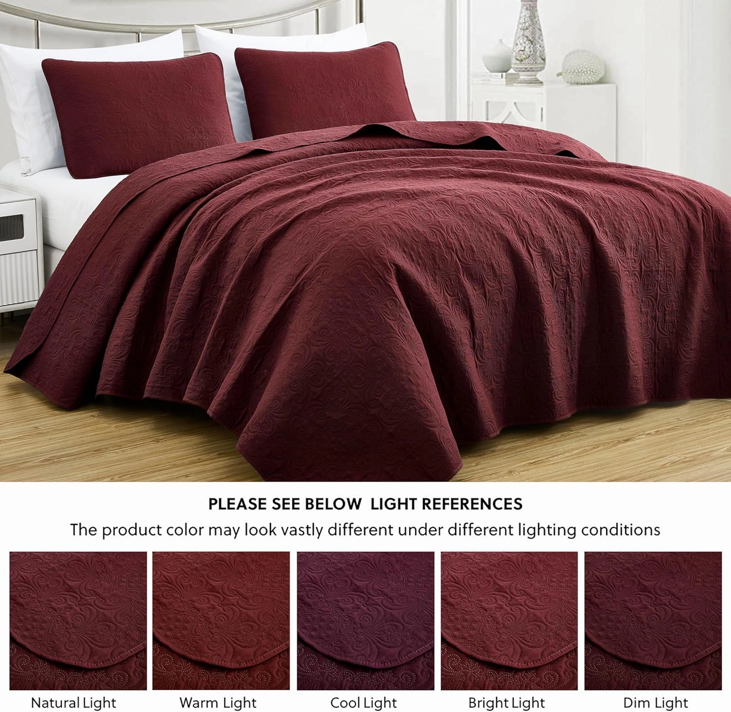 Chezmoi Collection Luca 3-Piece Oversized Bedspread Set, King Size, Burgundy - Summer Quilt Lightweight Microfiber Bedspread 118 x 106 - Floral Medallion Pattern Coverlet for All Season