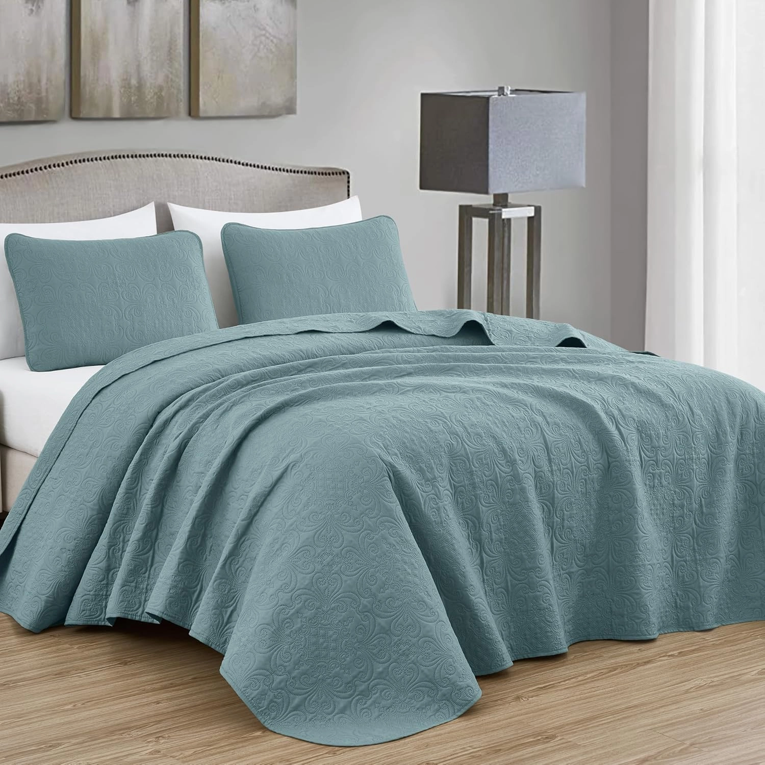 Chezmoi Collection Luca 3-Piece Oversized Bedspread Set, King Size, Spa Blue - Summer Quilt Lightweight Microfiber Bedspread 118 x 106 - Floral Medallion Pattern Coverlet for All Season