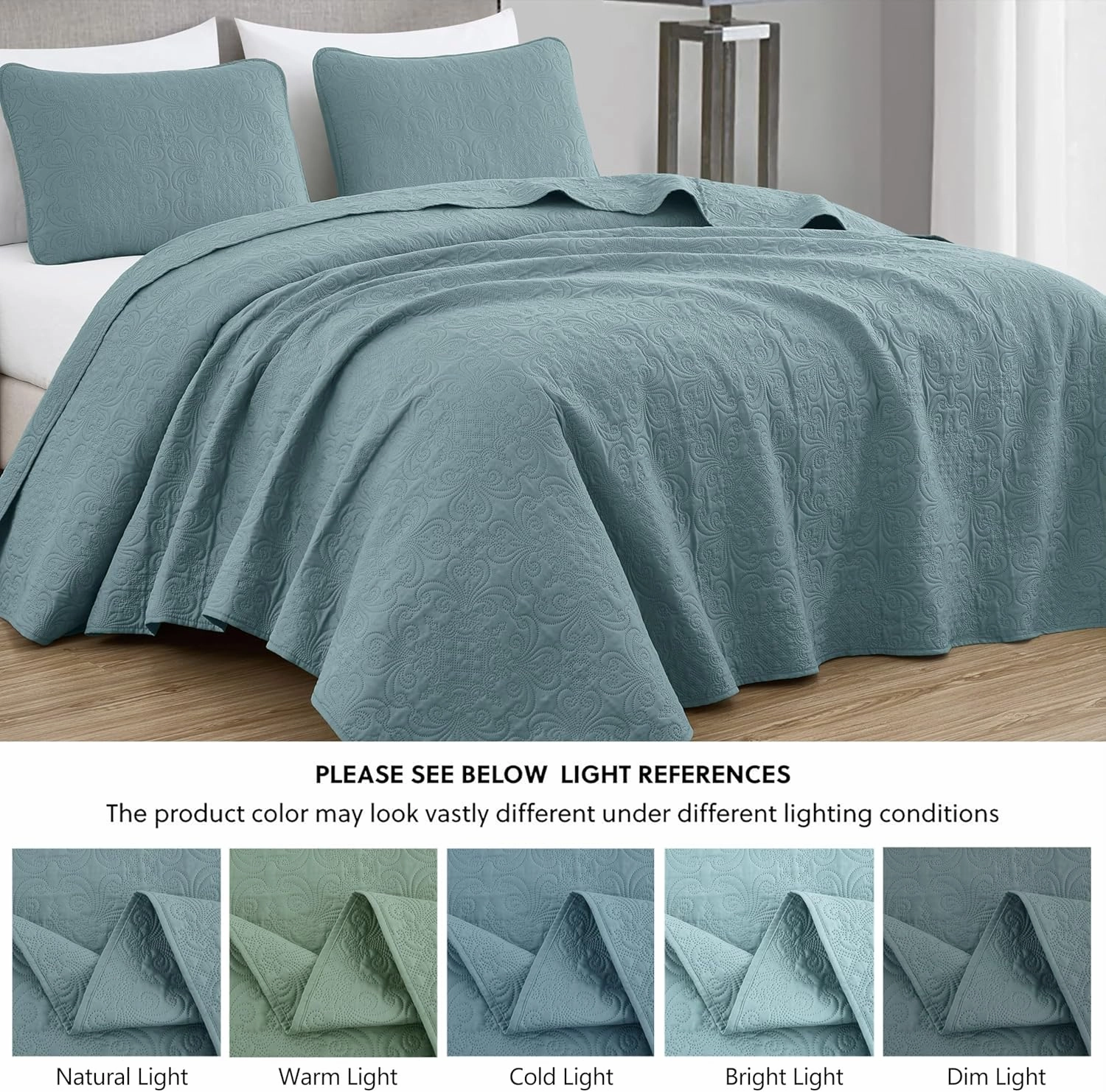 Chezmoi Collection Luca 3-Piece Oversized Bedspread Set, King Size, Spa Blue - Summer Quilt Lightweight Microfiber Bedspread 118 x 106 - Floral Medallion Pattern Coverlet for All Season