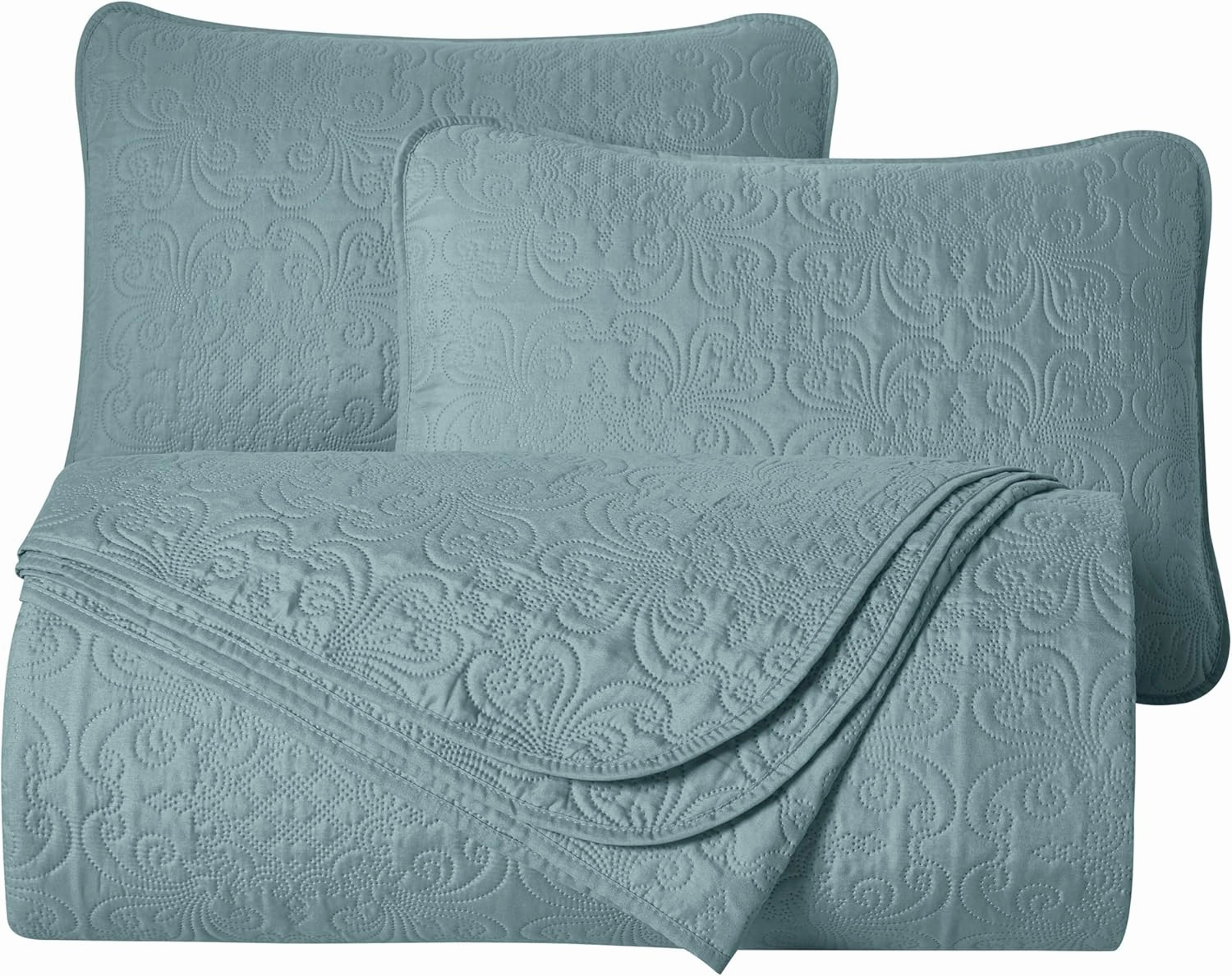 Chezmoi Collection Luca 3-Piece Oversized Bedspread Set, King Size, Spa Blue - Summer Quilt Lightweight Microfiber Bedspread 118 x 106 - Floral Medallion Pattern Coverlet for All Season
