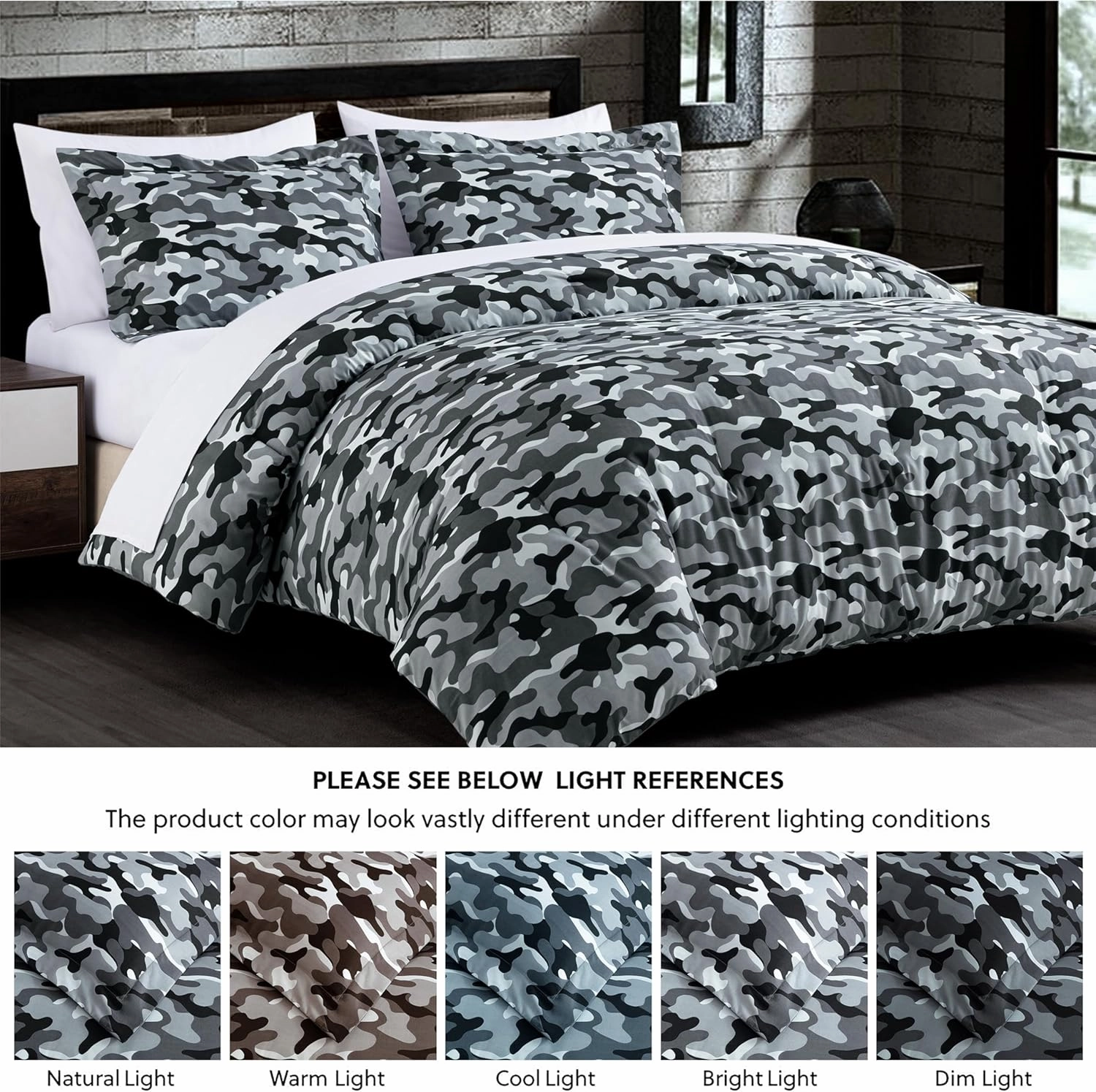 Chezmoi Collection Soft Microfiber Printed Military Camo Bedding Set 3-Piece Black Gray Camouflage Comforter Set, Queen Size