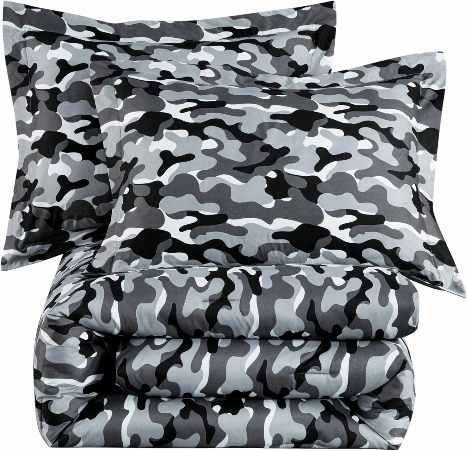 Chezmoi Collection Soft Microfiber Printed Military Camo Bedding Set 3-Piece Black Gray Camouflage Comforter Set, Queen Size