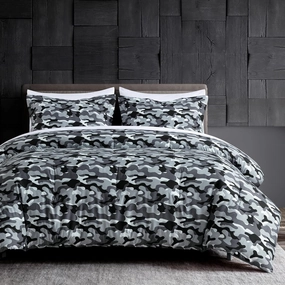 Chezmoi Collection Soft Microfiber Printed Military Camo Bedding Set 3-Piece Black Gray Camouflage Comforter Set, Queen Size