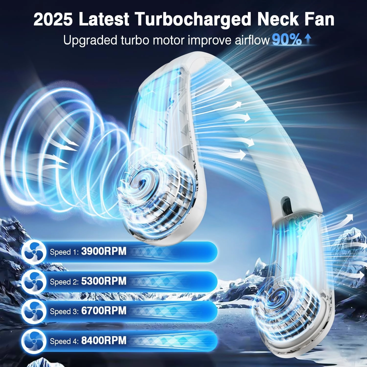 ChillGo Portable Neck Fan - 8400 RPM Enlarged Turbo Airflow - 5200mAh Personal Rechargeable Cooling Wearable Fan - Max 16H, 4 Speeds, Foldable, LED Display - Great Gifts for Men Women - 2nd Gen White
