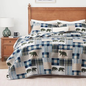 Christmas Cabin Quilt Sets Queen, 3-Piece Lightweight Reversible All Season Bear Quilt Set, Lodge Bedspread Queen Size Quilt with 2 Shams, Rustic Quilt Coverlet Bed Set