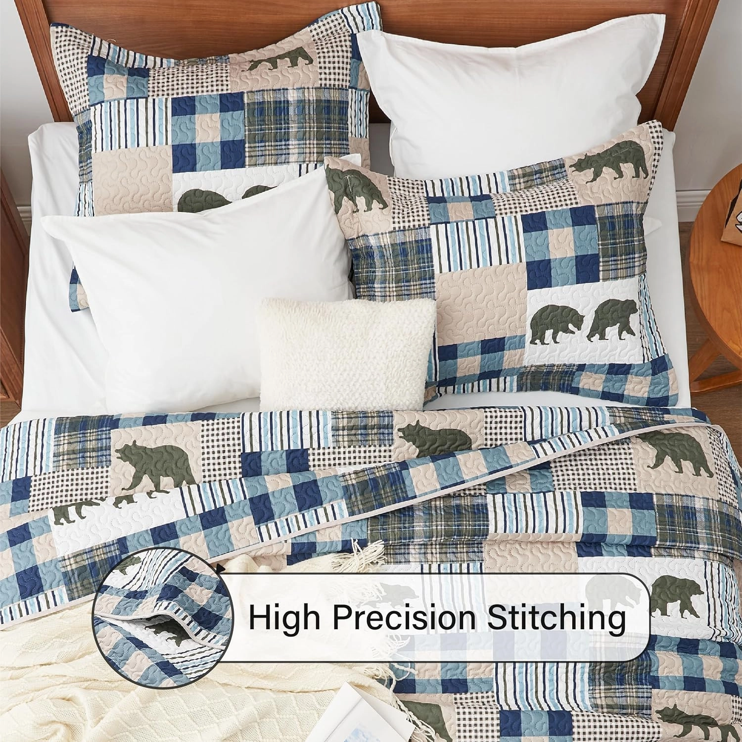 Christmas Cabin Quilt Sets Queen, 3-Piece Lightweight Reversible All Season Bear Quilt Set, Lodge Bedspread Queen Size Quilt with 2 Shams, Rustic Quilt Coverlet Bed Set