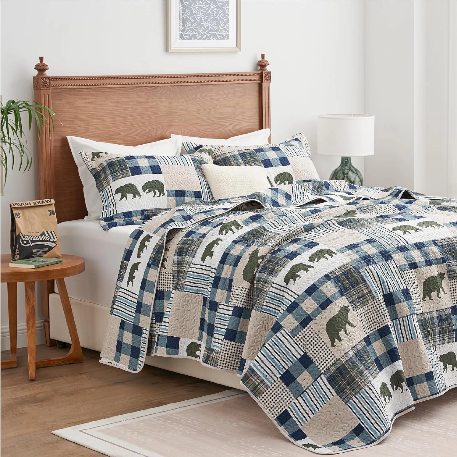 Christmas Cabin Quilt Sets Queen, 3-Piece Lightweight Reversible All Season Bear Quilt Set, Lodge Bedspread Queen Size Quilt with 2 Shams, Rustic Quilt Coverlet Bed Set