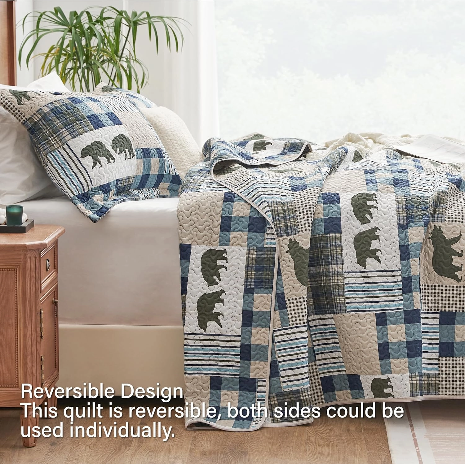 Christmas Cabin Quilt Sets Queen, 3-Piece Lightweight Reversible All Season Bear Quilt Set, Lodge Bedspread Queen Size Quilt with 2 Shams, Rustic Quilt Coverlet Bed Set