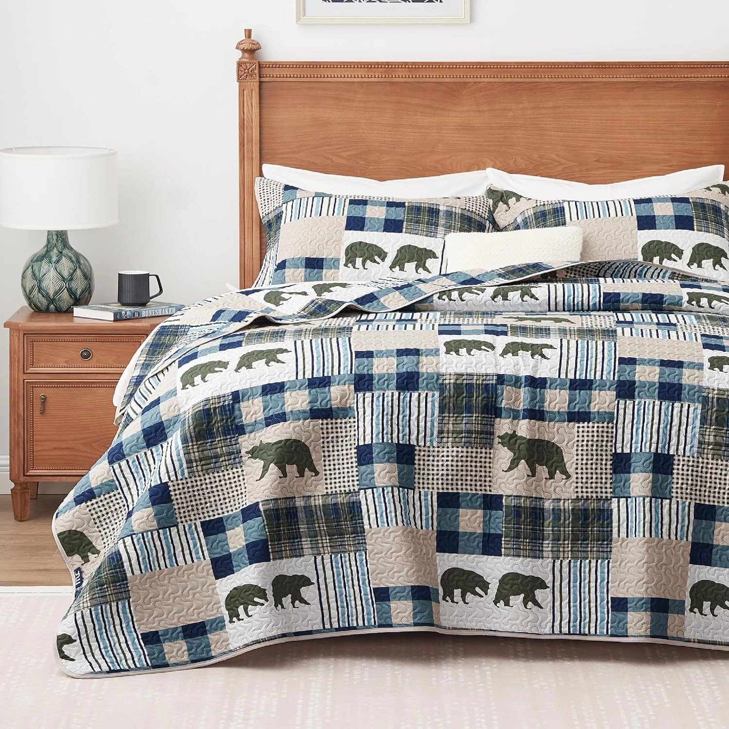 Christmas Cabin Quilt Sets Queen, 3-Piece Lightweight Reversible All Season Bear Quilt Set, Lodge Bedspread Queen Size Quilt with 2 Shams, Rustic Quilt Coverlet Bed Set