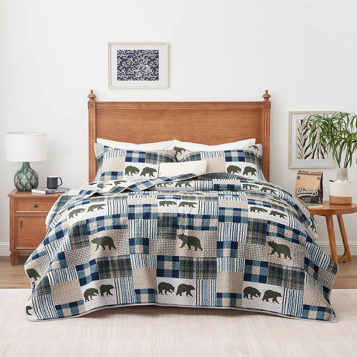 Christmas Cabin Quilt Sets Queen, 3-Piece Lightweight Reversible All Season Bear Quilt Set, Lodge Bedspread Queen Size Quilt with 2 Shams, Rustic Quilt Coverlet Bed Set