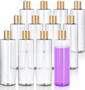 Clear 8 oz / 250 ml Professional Cylinder Plastic PET Plastic Bottles (BPA Free) with Gold Disc Cap Lid (12 Pack)
