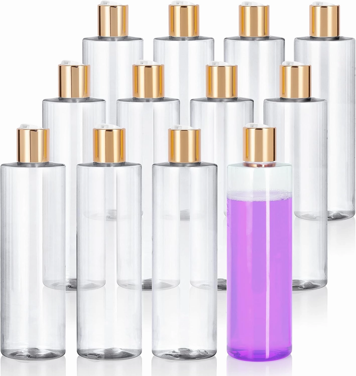 Clear 8 oz / 250 ml Professional Cylinder Plastic PET Plastic Bottles (BPA Free) with Gold Disc Cap Lid (12 Pack)