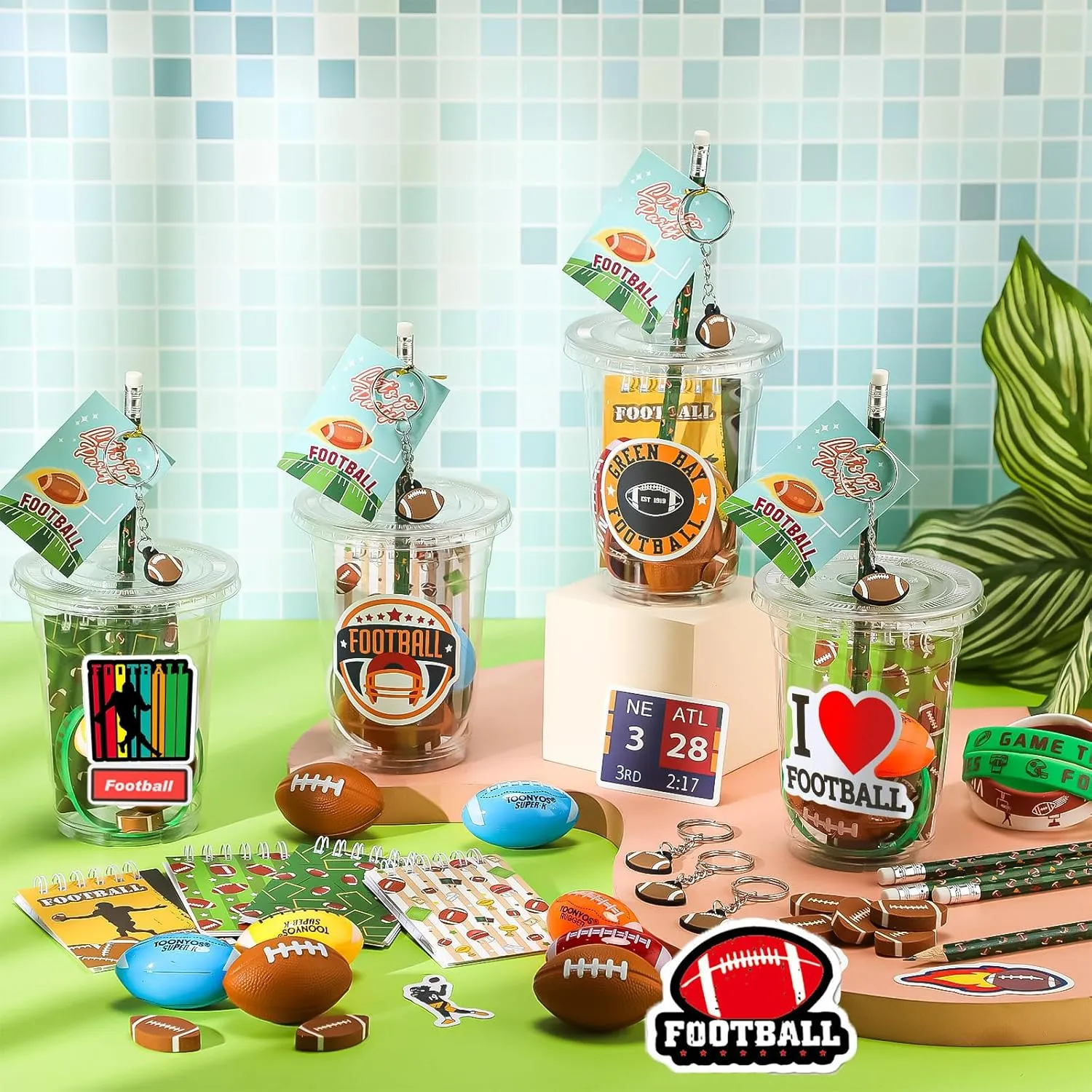 Colarr 195 Pcs Football Birthday Gifts Party Favors Sports Team Gift Cups Pencils Mini Book Keychains Wristbands Stickers Thank You Cards Eraser Sharpener Mini Ball for Football Party Supplies