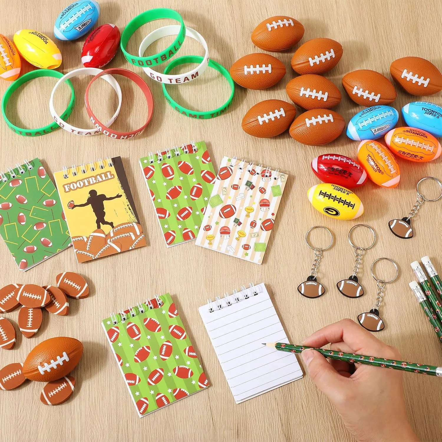 Colarr 195 Pcs Football Birthday Gifts Party Favors Sports Team Gift Cups Pencils Mini Book Keychains Wristbands Stickers Thank You Cards Eraser Sharpener Mini Ball for Football Party Supplies