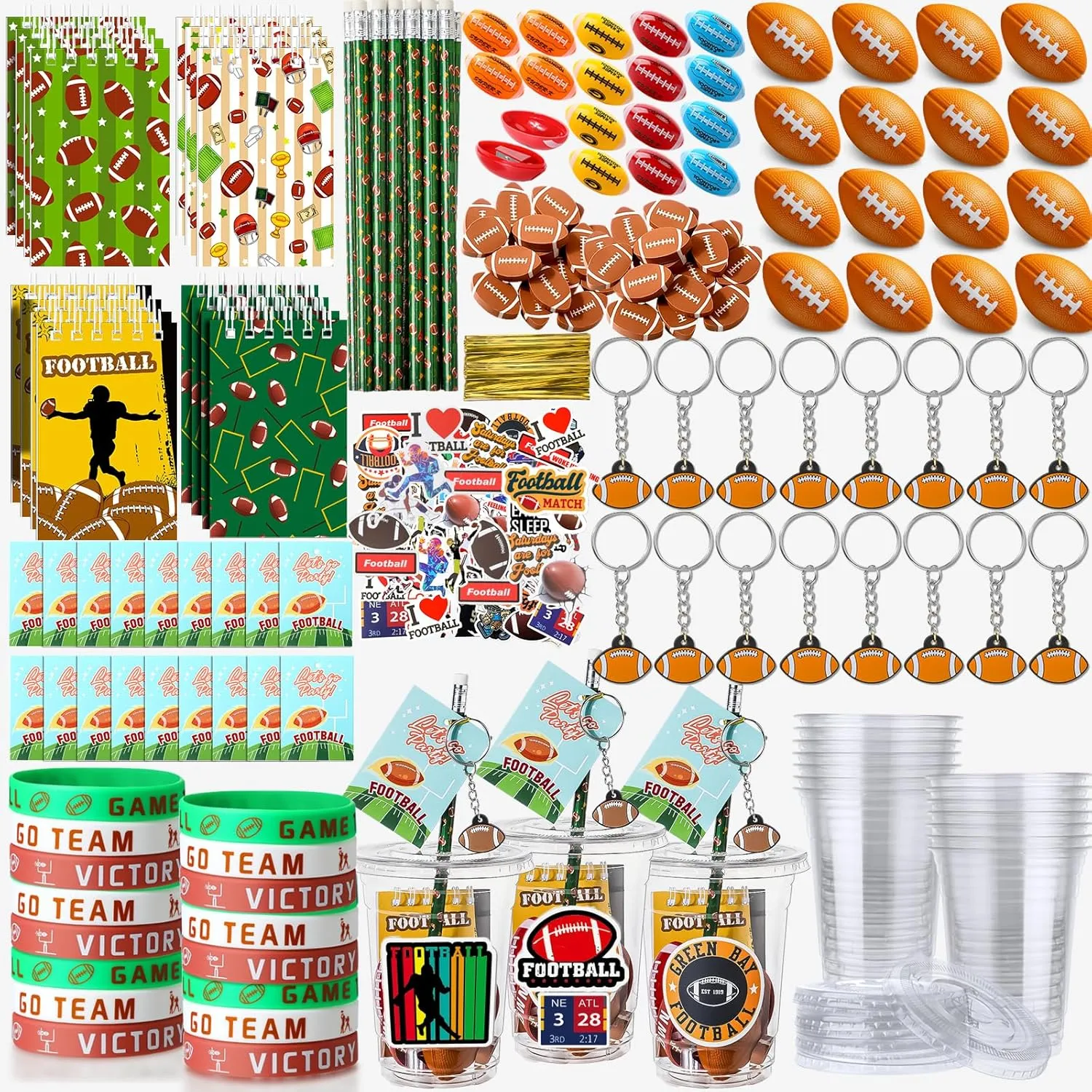 Colarr 195 Pcs Football Birthday Gifts Party Favors Sports Team Gift Cups Pencils Mini Book Keychains Wristbands Stickers Thank You Cards Eraser Sharpener Mini Ball for Football Party Supplies