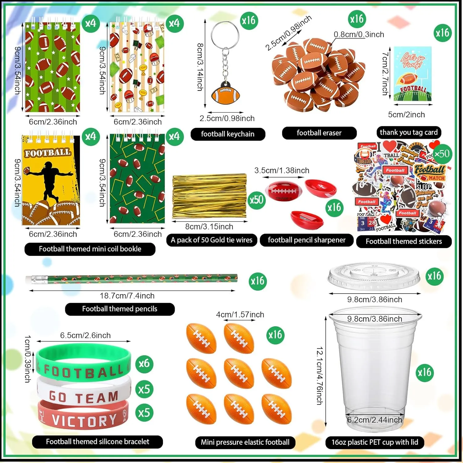 Colarr 195 Pcs Football Birthday Gifts Party Favors Sports Team Gift Cups Pencils Mini Book Keychains Wristbands Stickers Thank You Cards Eraser Sharpener Mini Ball for Football Party Supplies
