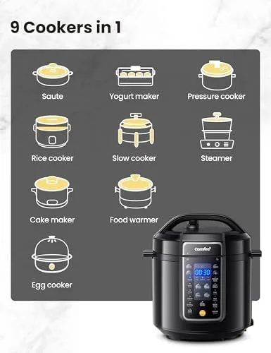 COMFEE’ 9-in-1 Electric Pressure Cooker 13 Presets Instant Multi Cooker Olla de Presion Slow Cooker Rice Cooker Steamer Sauté Yogurt Maker Non-Stick Pot 6 Quart Black, Aluminum