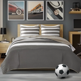 Comfort Spaces Twin Quilt Set Trendy Casual Fun, Vibrant Color Stripes Design, All Season Lightweight Coverlet Bedspread Twin Size Kids Bedding & Sham, Verone, Twin/Twin XL, Grey, 2 Piece