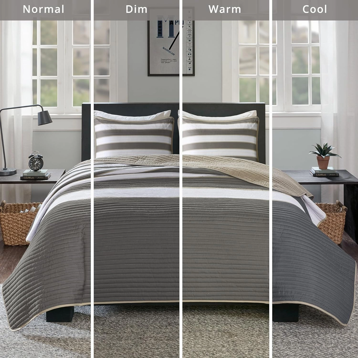 Comfort Spaces Twin Quilt Set Trendy Casual Fun, Vibrant Color Stripes Design, All Season Lightweight Coverlet Bedspread Twin Size Kids Bedding & Sham, Verone, Twin/Twin XL, Grey, 2 Piece