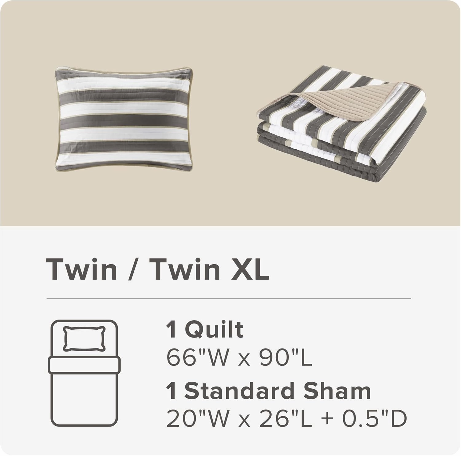 Comfort Spaces Twin Quilt Set Trendy Casual Fun, Vibrant Color Stripes Design, All Season Lightweight Coverlet Bedspread Twin Size Kids Bedding & Sham, Verone, Twin/Twin XL, Grey, 2 Piece