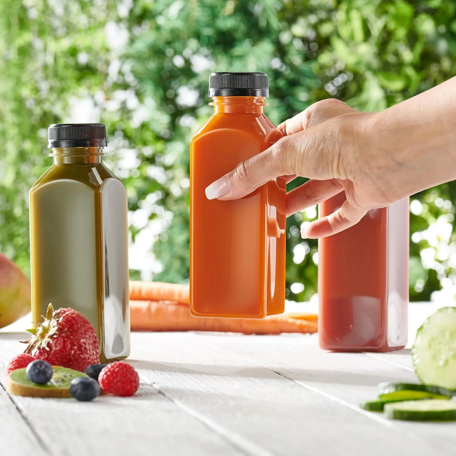 Comfy Package [12 oz. - 25 Count Reusable Plastic Juice Bottles With Caps, Labels, Brush, and Silicone Funnel - Clear plastic Bottles with Caps, Juice Containers with lids, for All Beverages