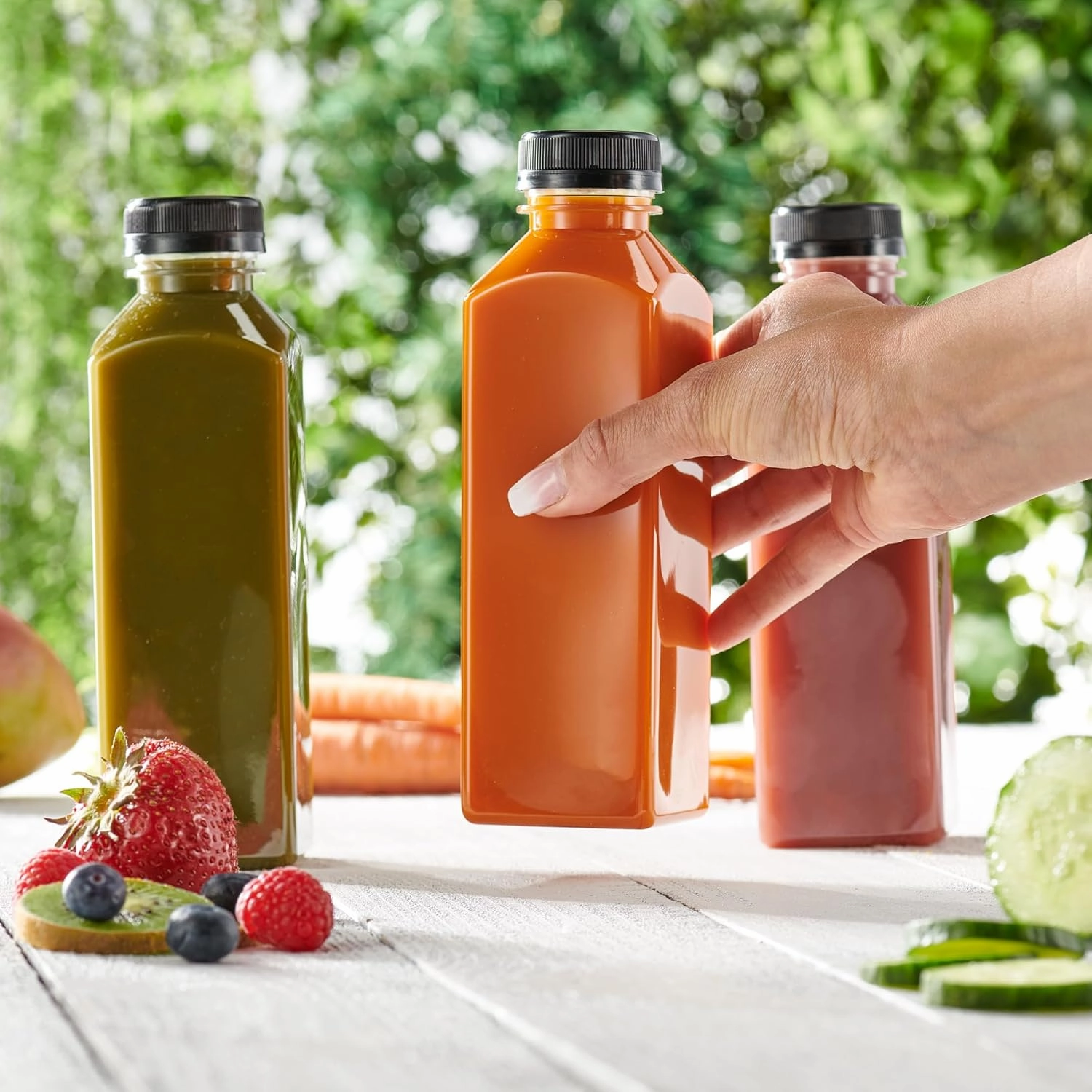 Comfy Package [16 oz. - 25 Count Reusable Plastic Juice Bottles With Caps, Labels, Brush, and Silicone Funnel - Clear plastic Bottles with Caps, Juice Containers with lids, for All Beverages