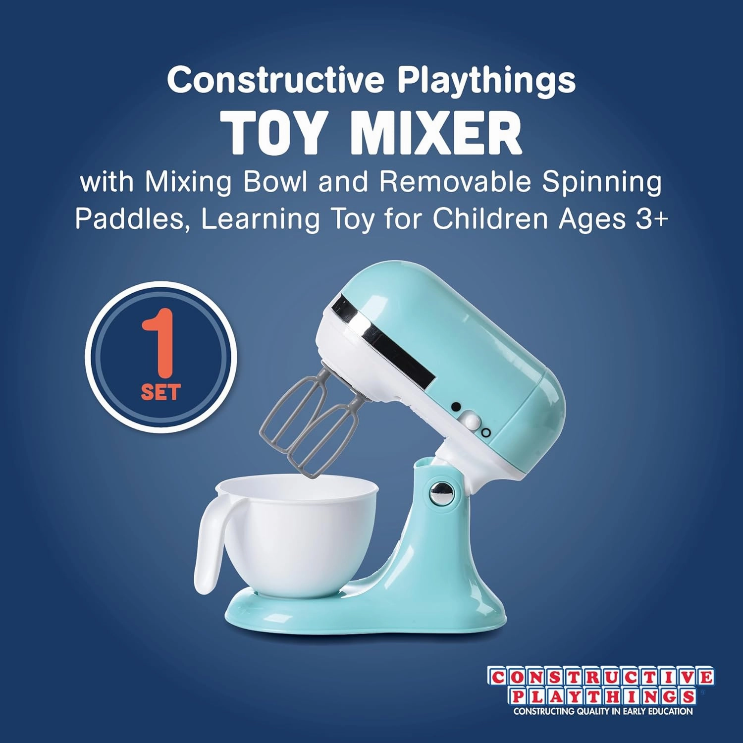 Constructive Playthings Toy Mixer with Removable Mixing Bowl and Spinning Paddles for Imaginative Play, Kitchen Appliances Learning Toy for Children Ages 3 v
