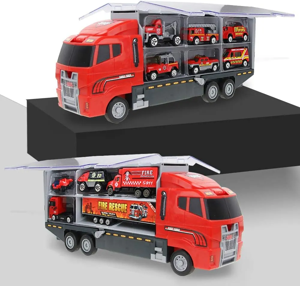 Coolplay Fire Truck Toy Set for Kids, Toy Vehicles Carrier Truck with Die-cast Cars, ​Rescue Firetruck for Boys 3-6 Years Old